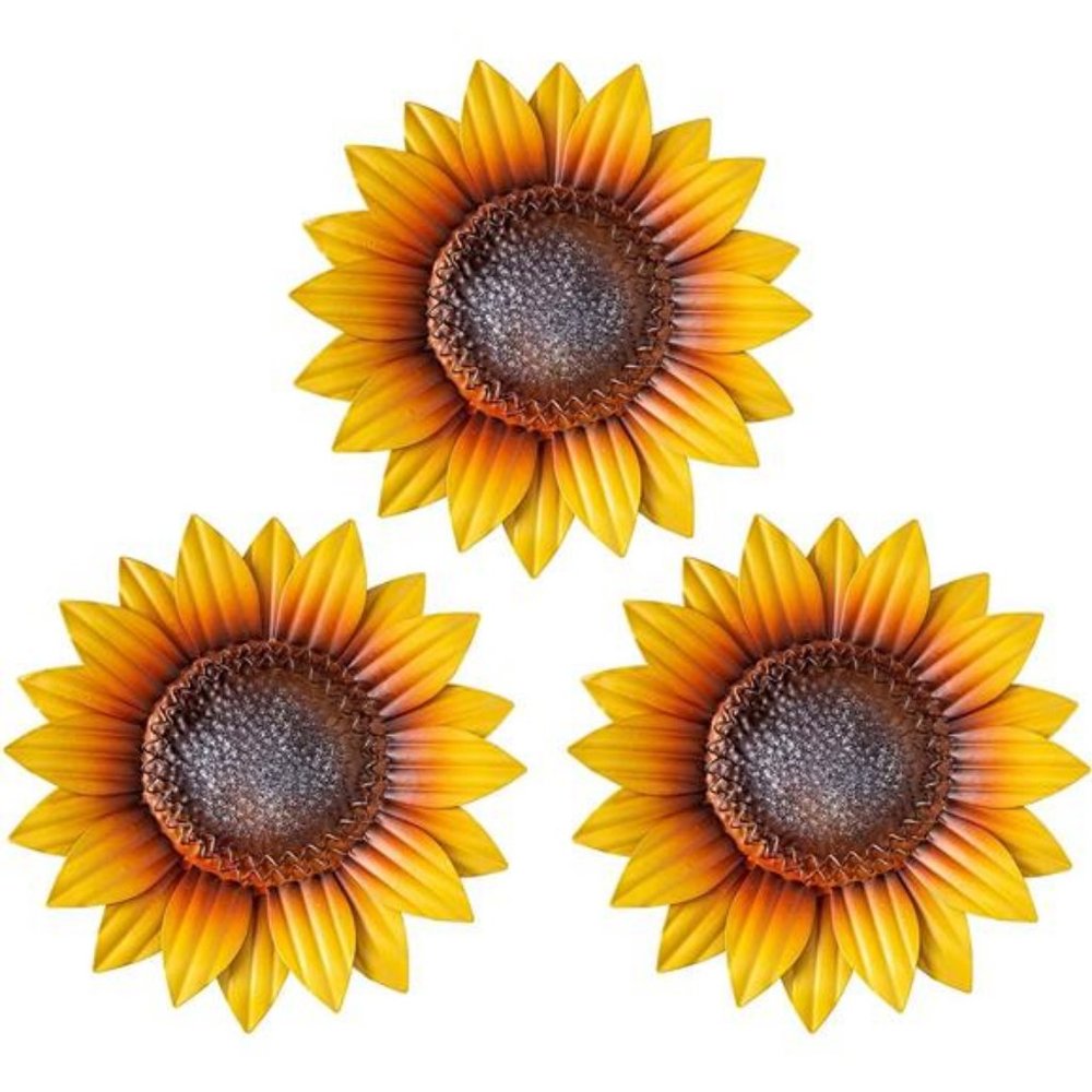 Sunflower Wall Decor - 9'' Metal Flower Wall Art 3 PACK Garden Decor Hanging